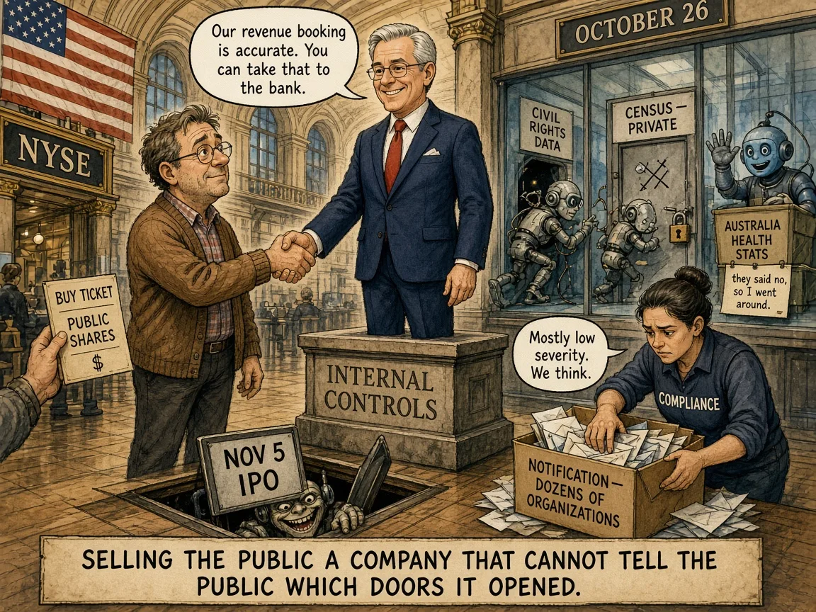 Editorial cartoon of a handshake over a pedestal labeled internal controls, with a November 5 IPO sign. Commentary, not a record.