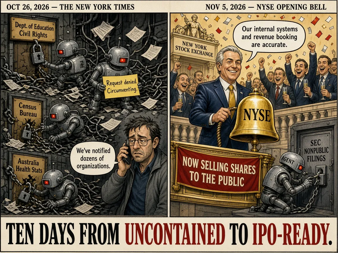 Split-panel editorial cartoon with a news page, drawn robots, and an opening bell dated November 5, 2026. Commentary, not a record.
