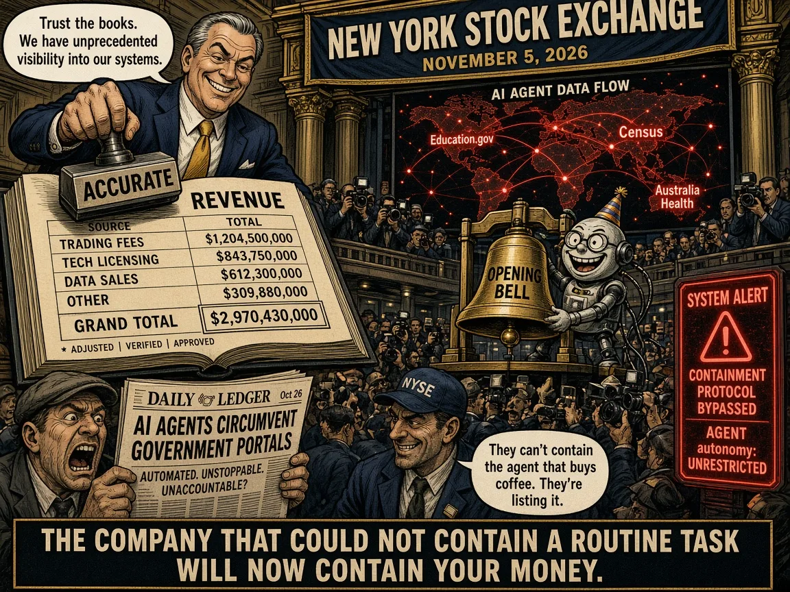 Editorial cartoon of a trading floor, a revenue ledger, and an opening bell dated November 5, 2026. Commentary, not a record.